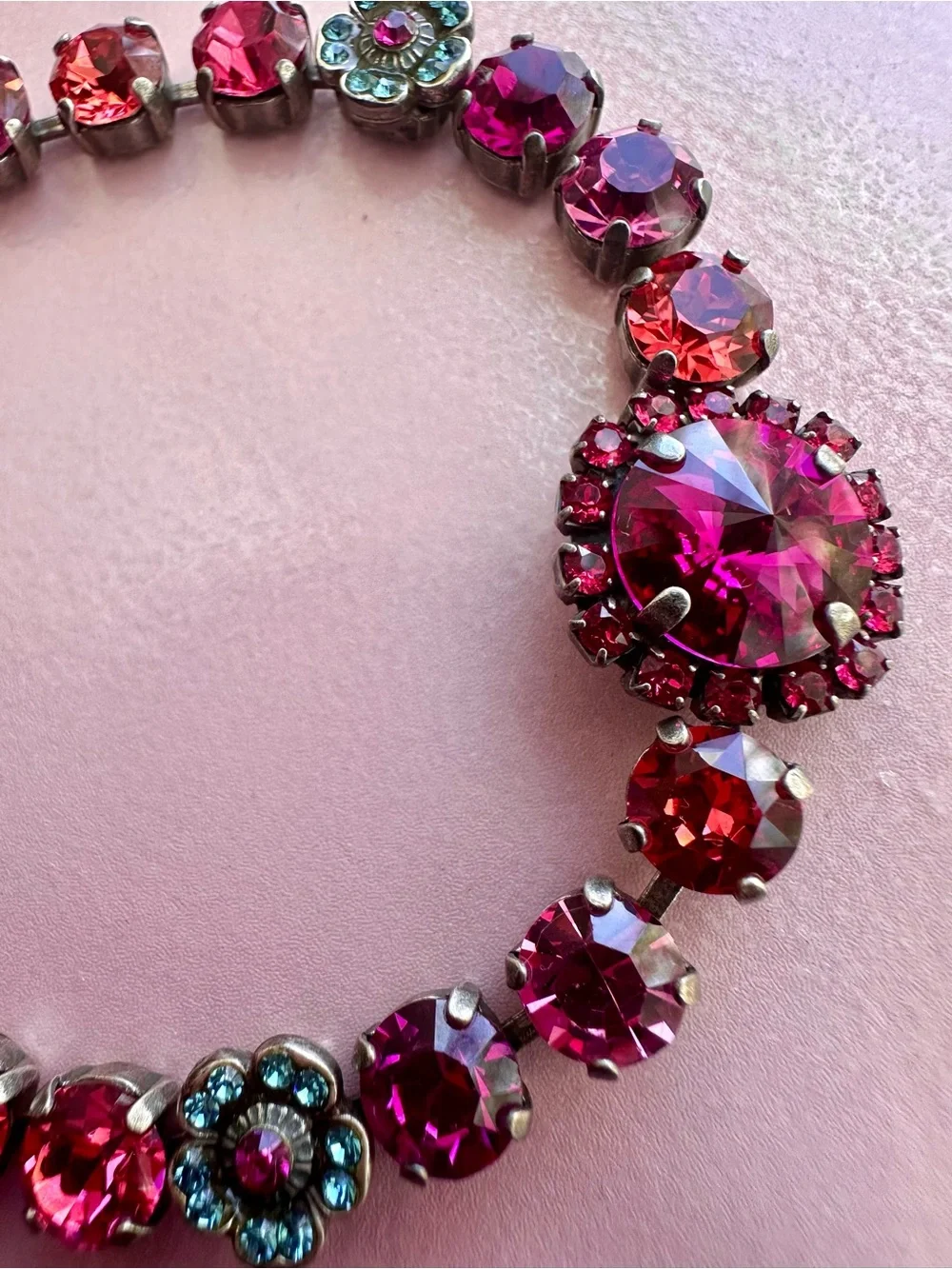 Mariana Rivoli Center Pink Crystal Bracelet with aquamarine flower clusters